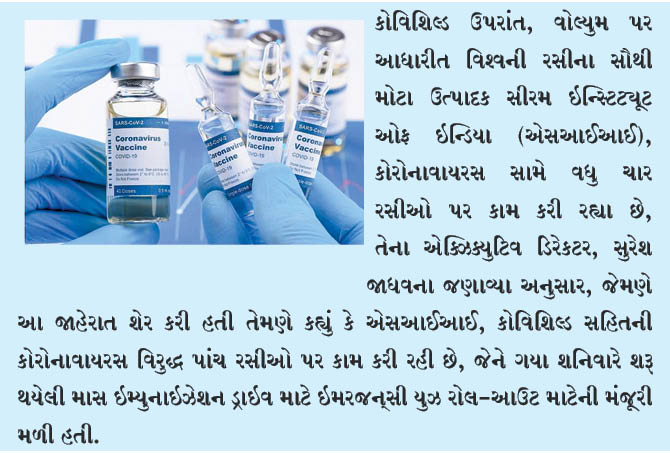 એસઆઈઆઈ વધુ ચાર કોવિડ -19 રસીઓ પર કામ કરે છે