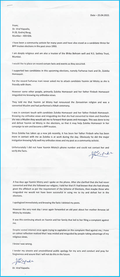 Dr. Viraf Kapadia Issues Apology Letter For Wrongly Maligning Yasmin Mistry